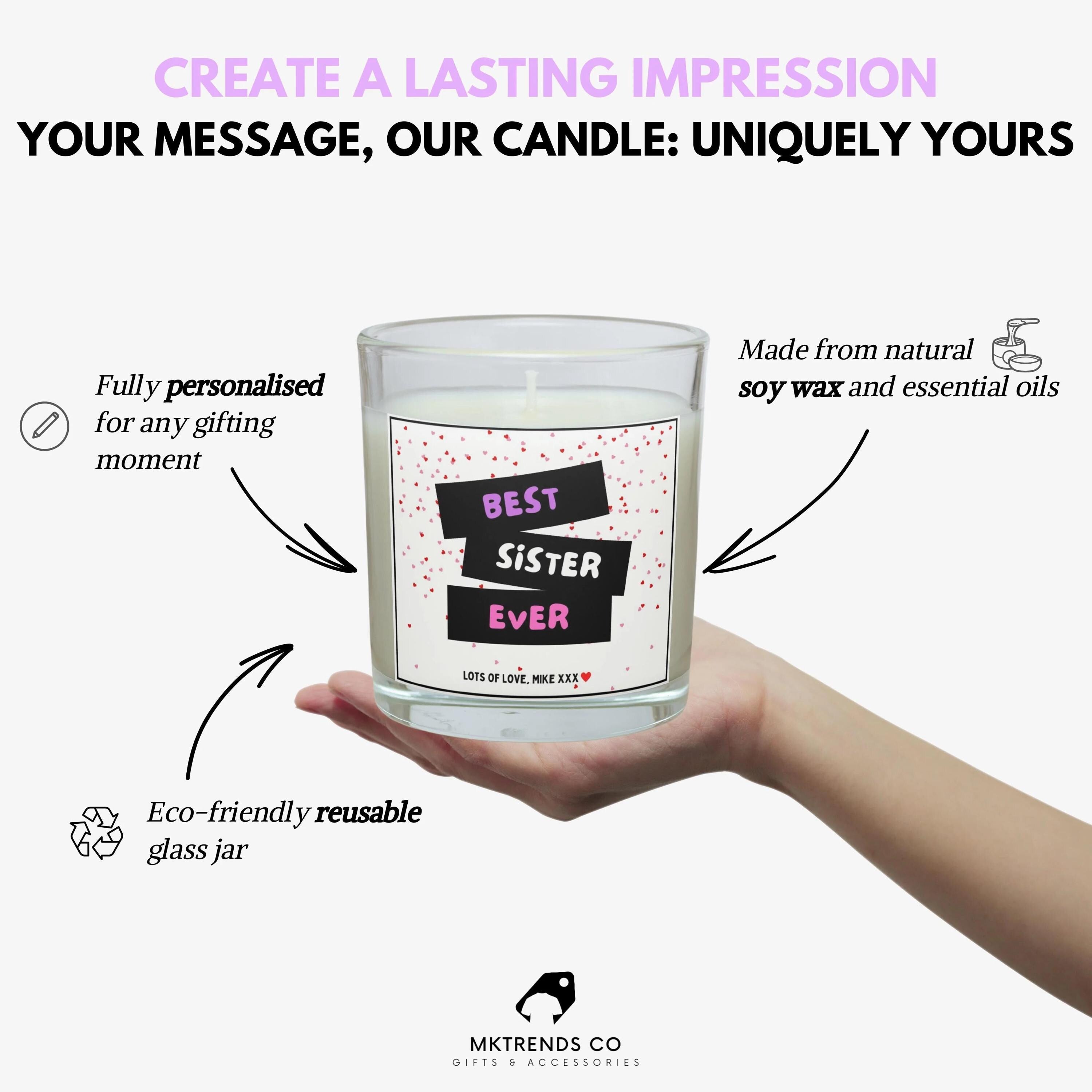 Best Sister Ever Personalised Candle | Best Sister Hearts Message Gift | Message Candle for Sister | Sister Birthday | Thank You Sister Gift Etsy