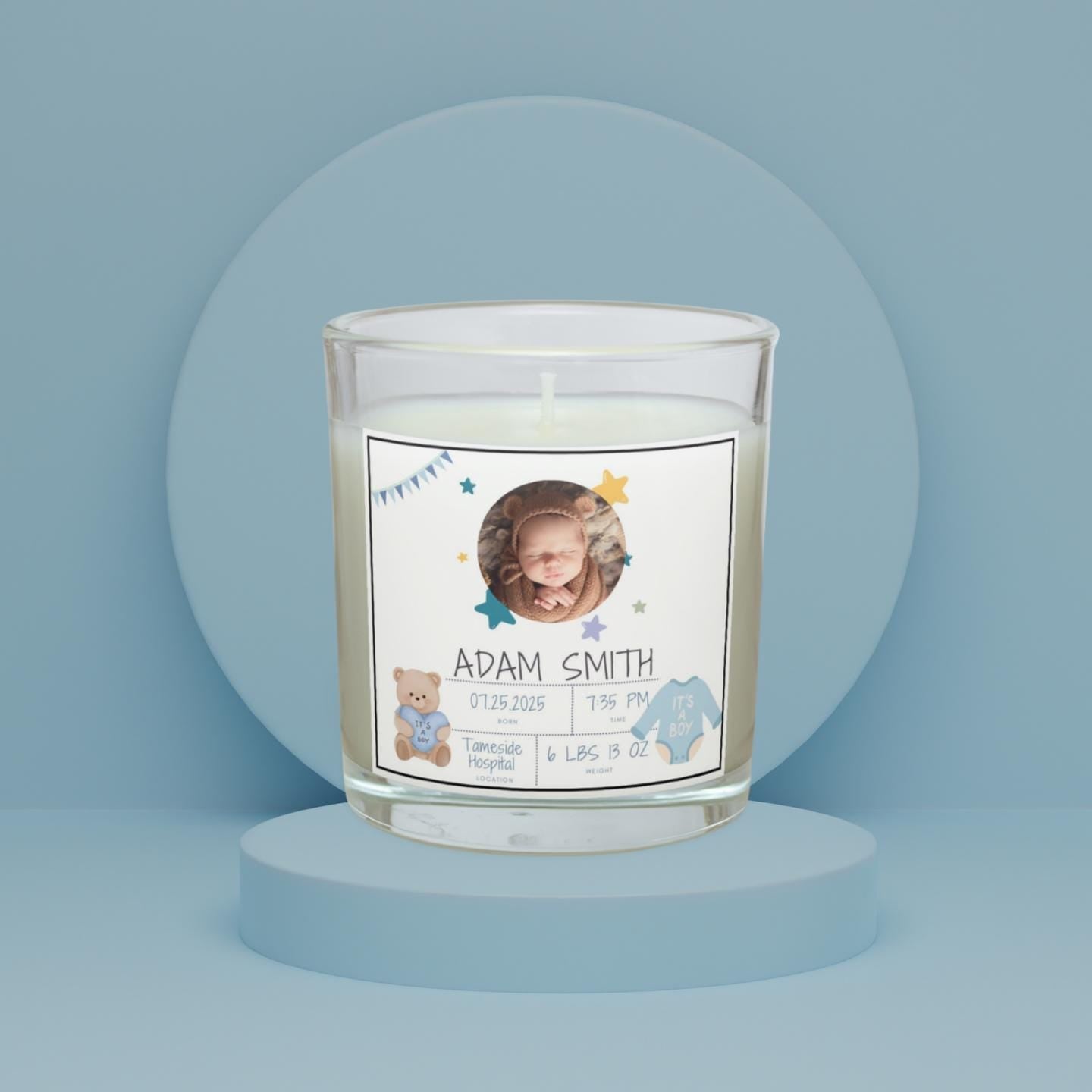 Newborn Baby Boy Photo Candle | Custom Baby Boy Birth Announcement | Baby Gifts for New Parents | New Grandparent Gifts | Baby Photo Message Etsy