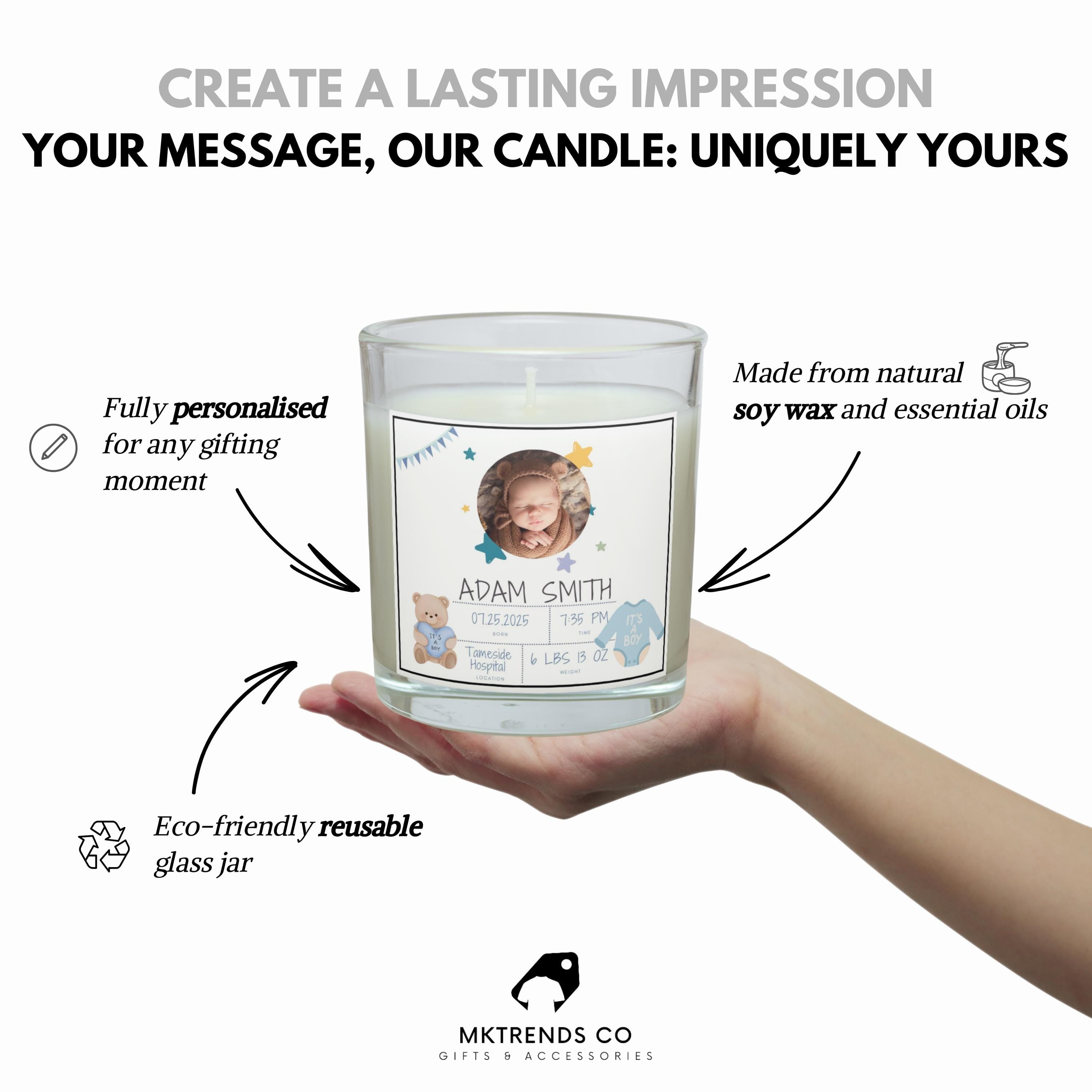 Newborn Baby Boy Photo Candle | Custom Baby Boy Birth Announcement | Baby Gifts for New Parents | New Grandparent Gifts | Baby Photo Message Etsy