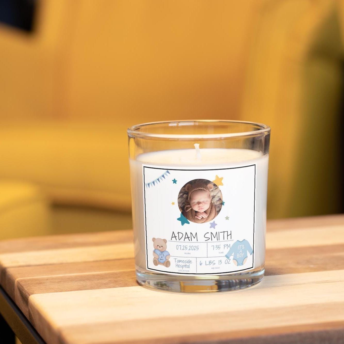 Newborn Baby Boy Photo Candle | Custom Baby Boy Birth Announcement | Baby Gifts for New Parents | New Grandparent Gifts | Baby Photo Message Etsy