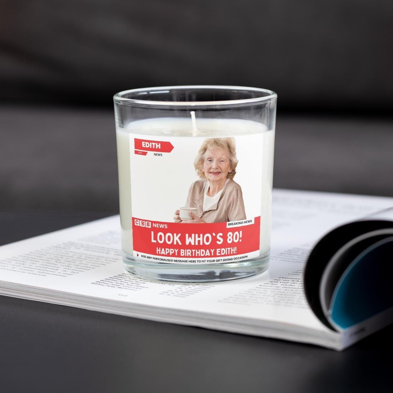 80th Birthday Personalised Soy Wax Candle | News Style Photo Message Gift | Happy 80th Birthday Candle in Glass Jar Etsy