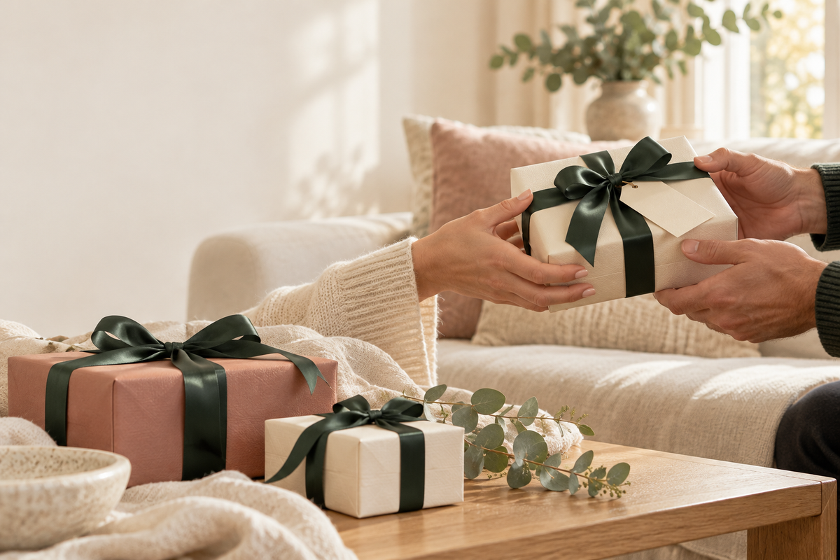 A thoughtful gift exchanged in a warm home, with forest green ribbon and soft rose wrapping