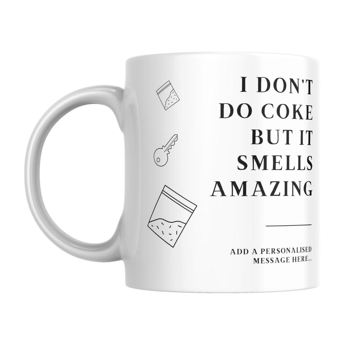 Personalised Cocaine Novelty Mug — original left-handle view on a pure white background