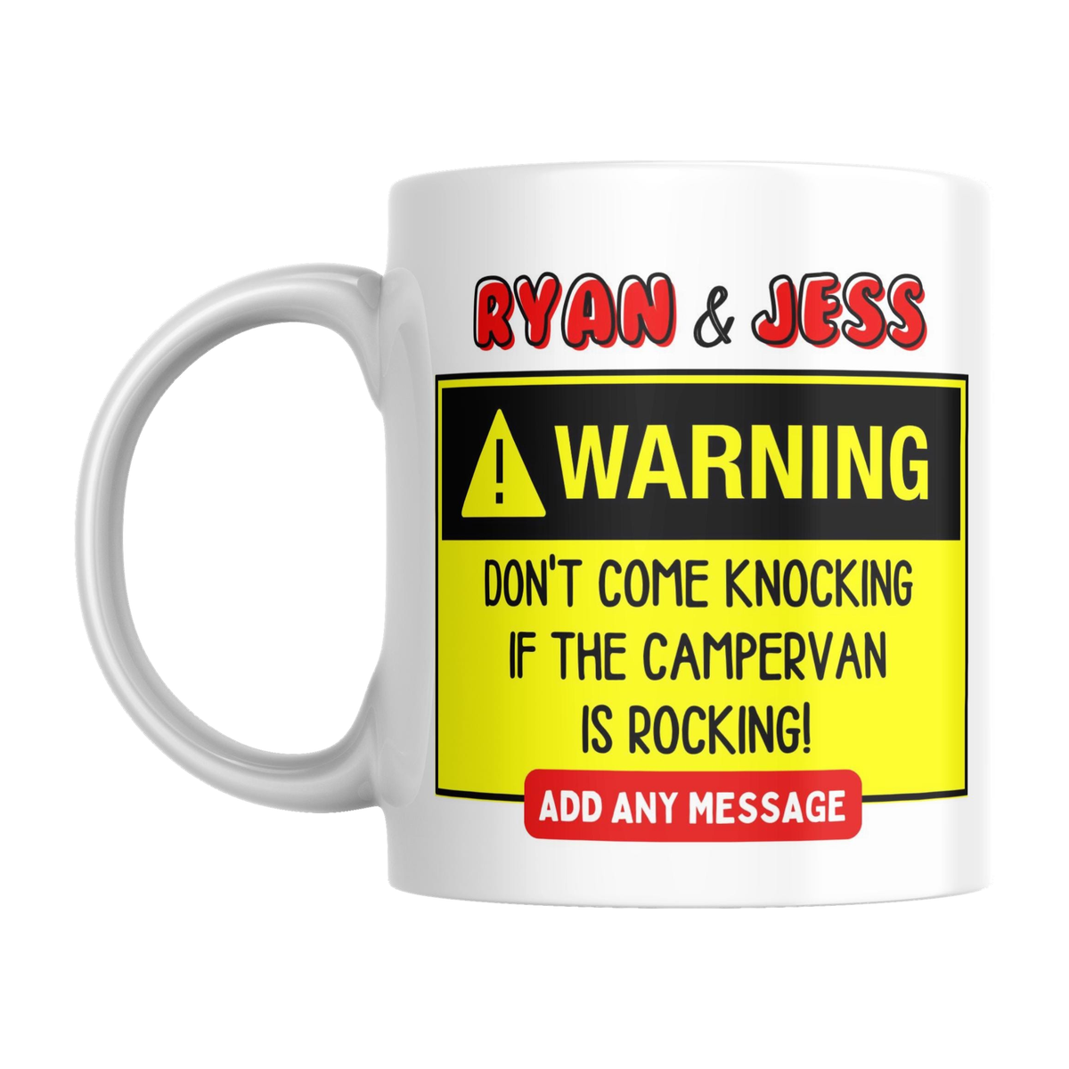 Funny Personalised Campervan Mug — original left-handle view on a pure white background