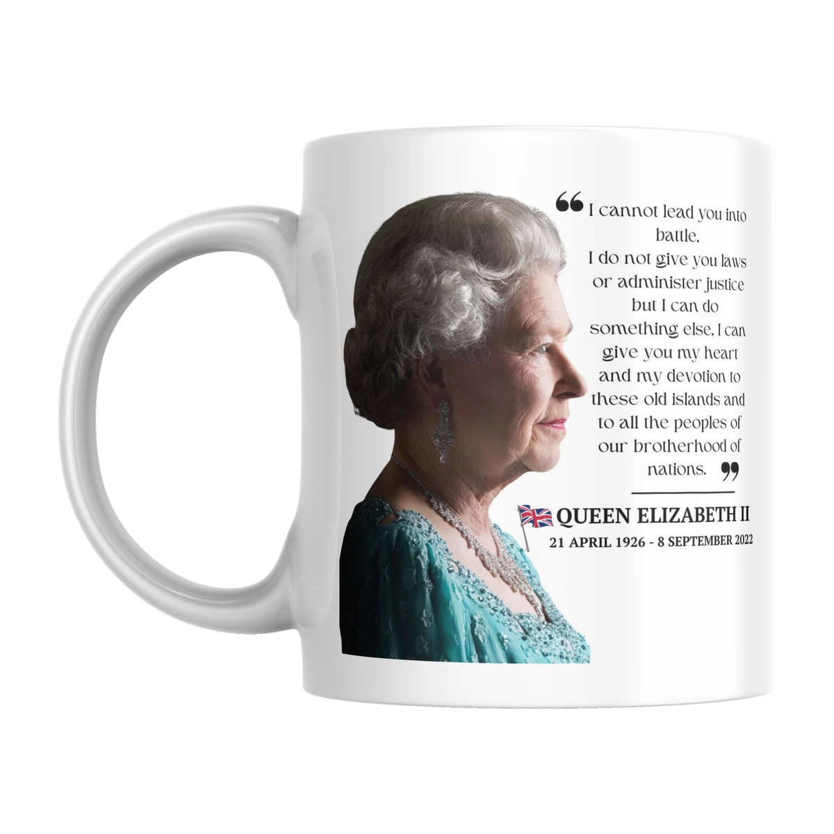 HM Queen Elizabeth II Memorial Mug — original left-handle view on a pure white background