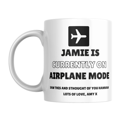 Personalised Airplane Mode Mug — original left-handle view on a pure white background