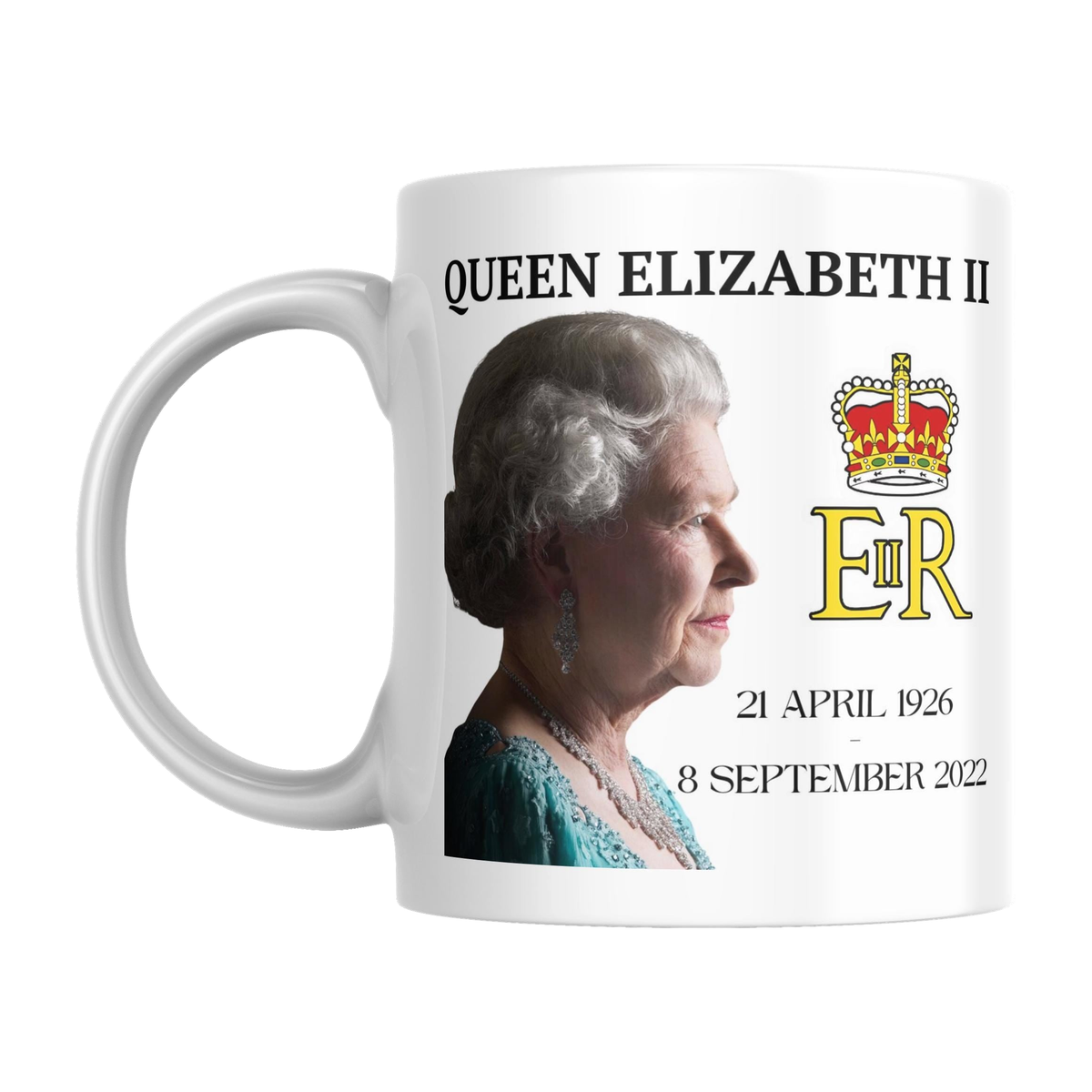HM Queen Elizabeth II Memorial Mug — original left-handle view on a pure white background
