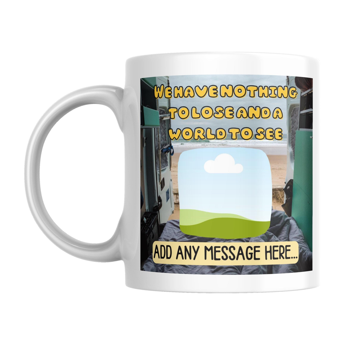 Personalised Travelling Couple Mug — original left-handle view on a pure white background