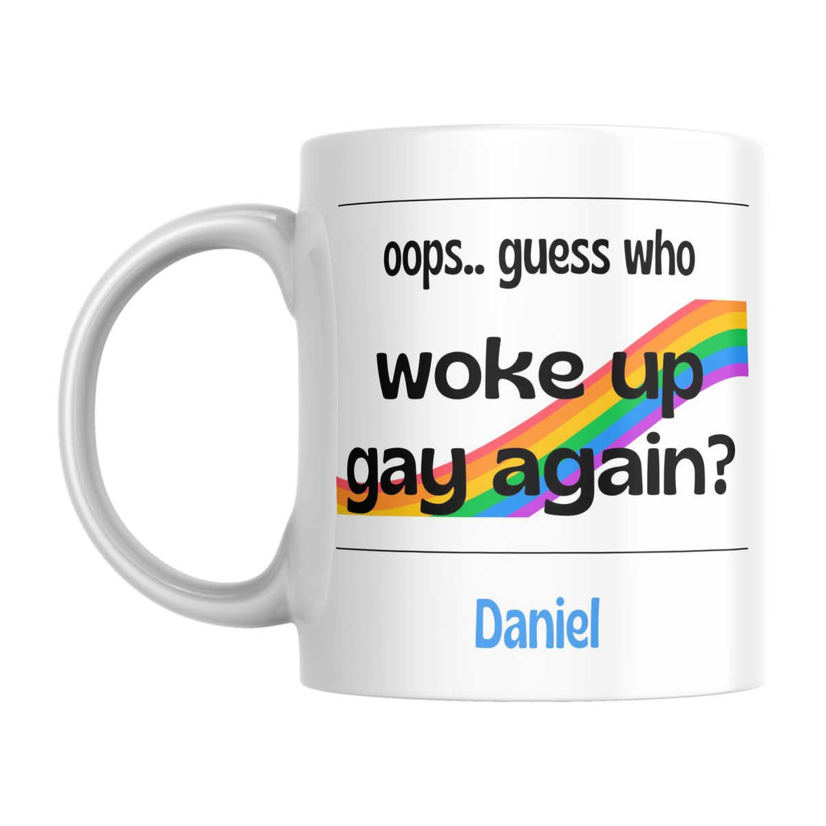 Novelty Gay Mug — original left-handle view on a pure white background
