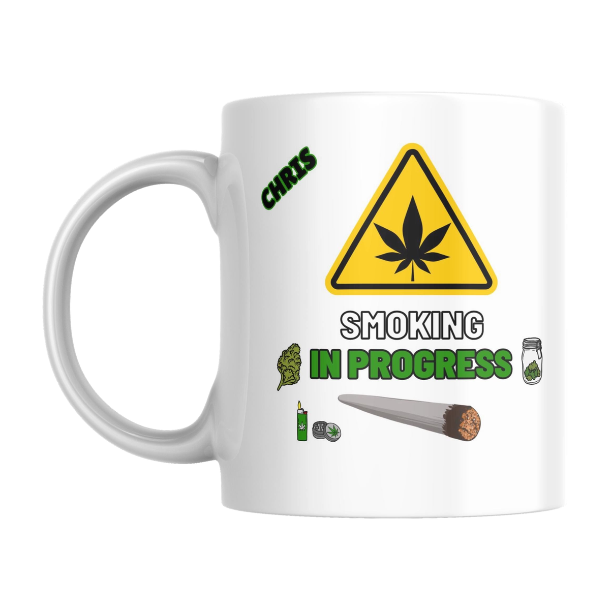 Smoking in Progress Personalised Mug — original left-handle view on a pure white background
