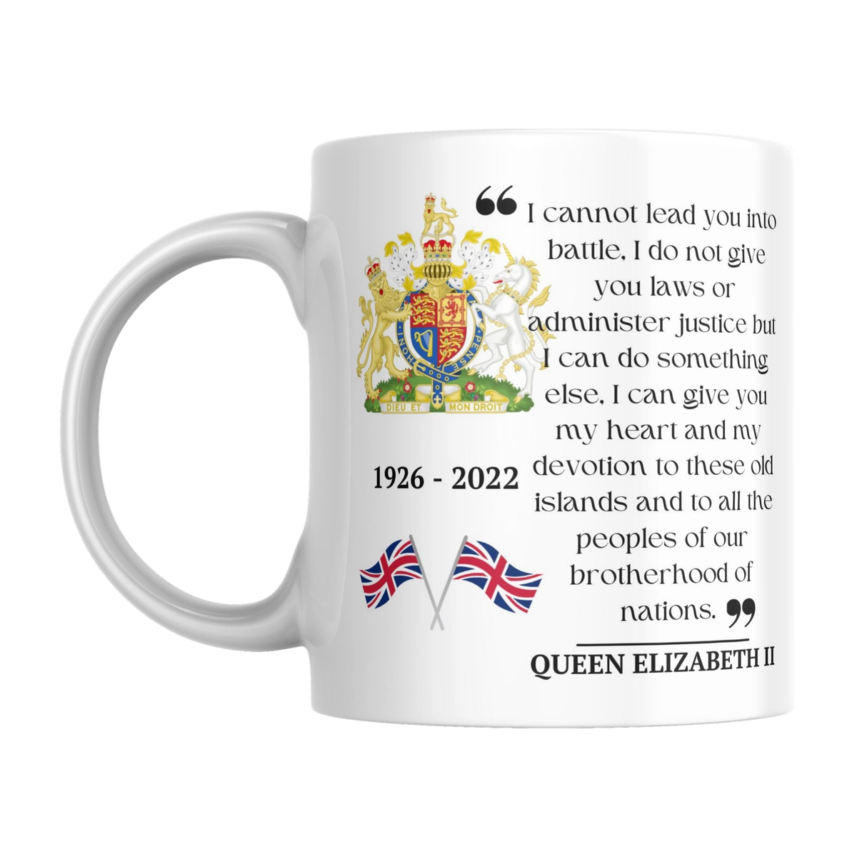 HM Queen Elizabeth II Memorial Tribute — original left-handle view on a pure white background