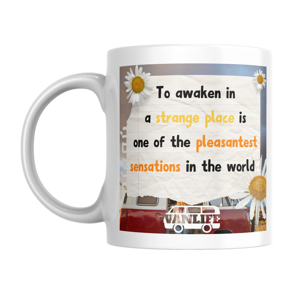 Personalised Vanlife Quote Mug — original left-handle view on a pure white background