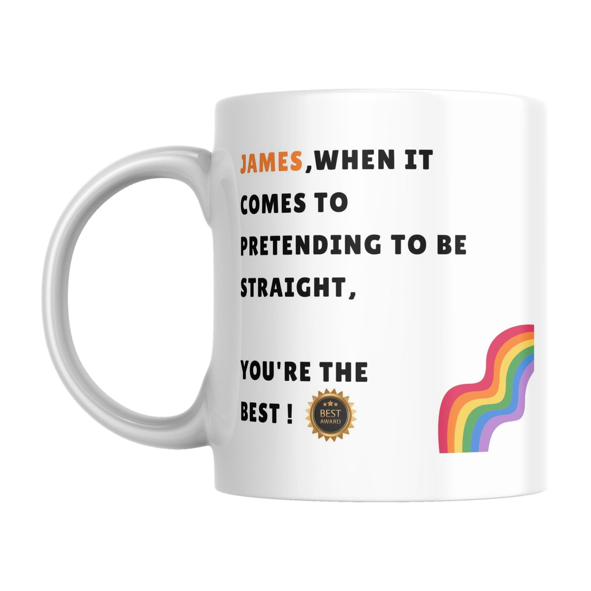 Personalised Gay Humour Mug — original left-handle view on a pure white background