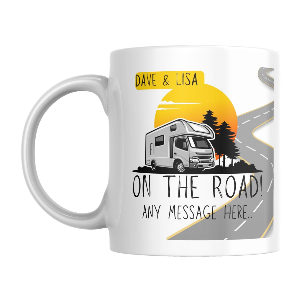 Personalised Campervan Adventure Mug — original left-handle view on a pure white background