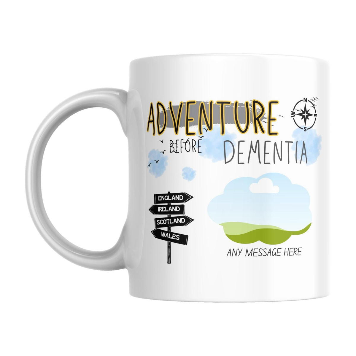 Personalised Adventure Before Dementia Mug — original left-handle view on a pure white background