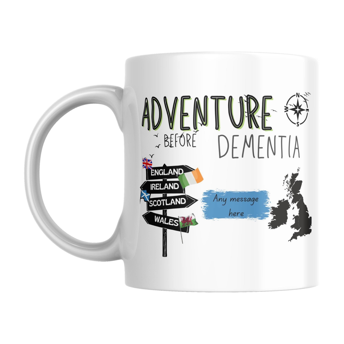 Adventure Before Dementia Mug — original left-handle view on a pure white background