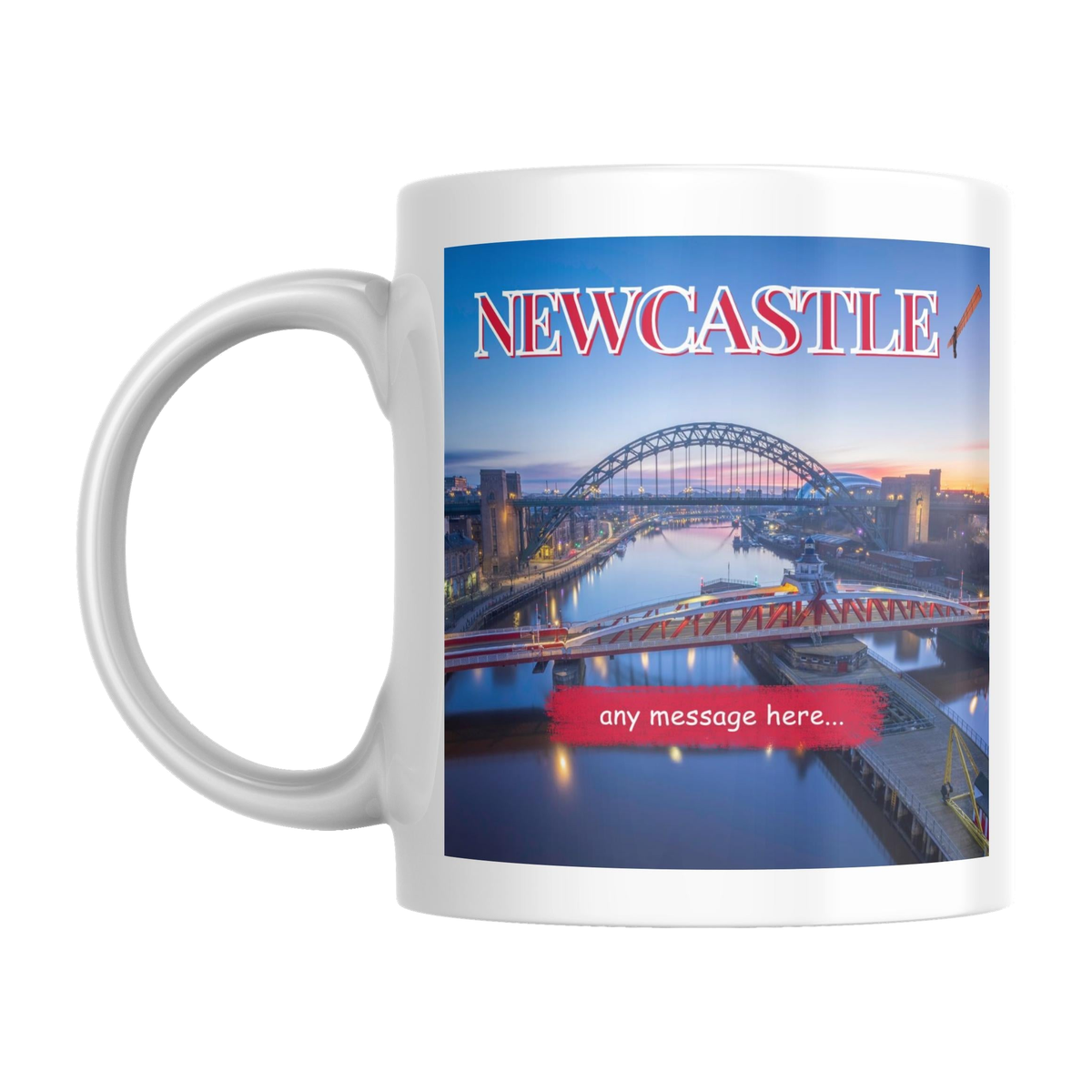 Personalised Newcastle Mug — original left-handle view on a pure white background