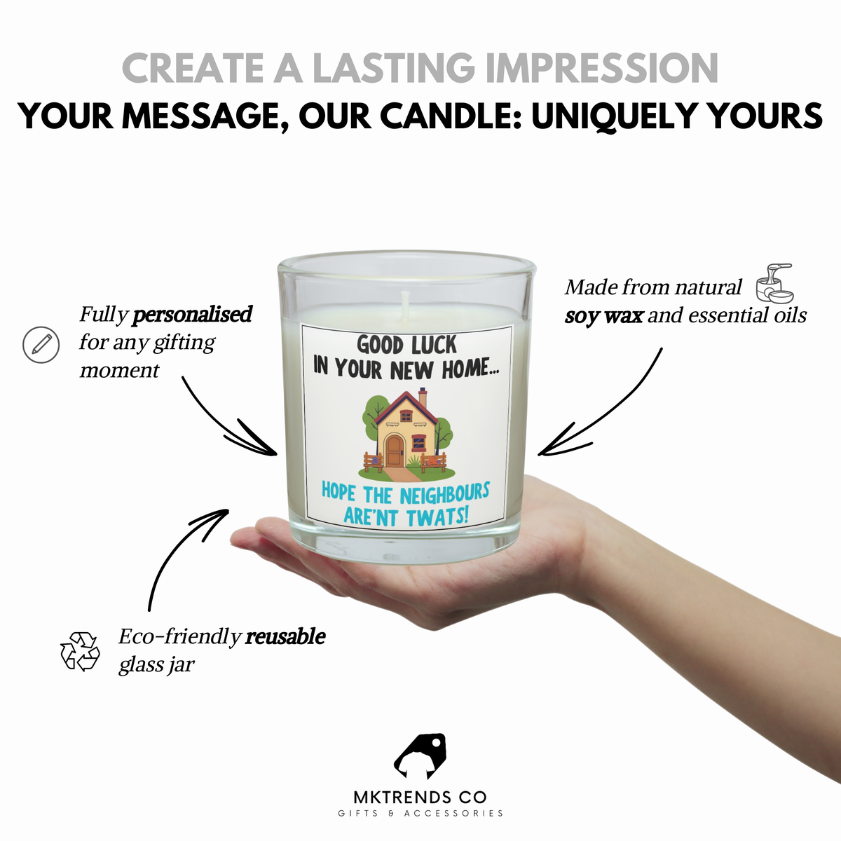 Personalised new home candle product details and reusable glass jar