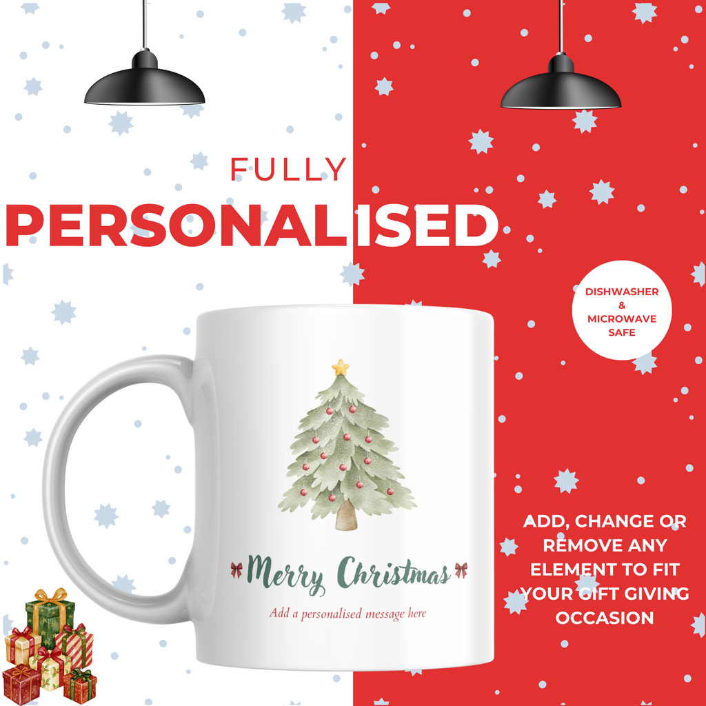 Watercolour Christmas Tree and Bows Mug – Personalised Gift