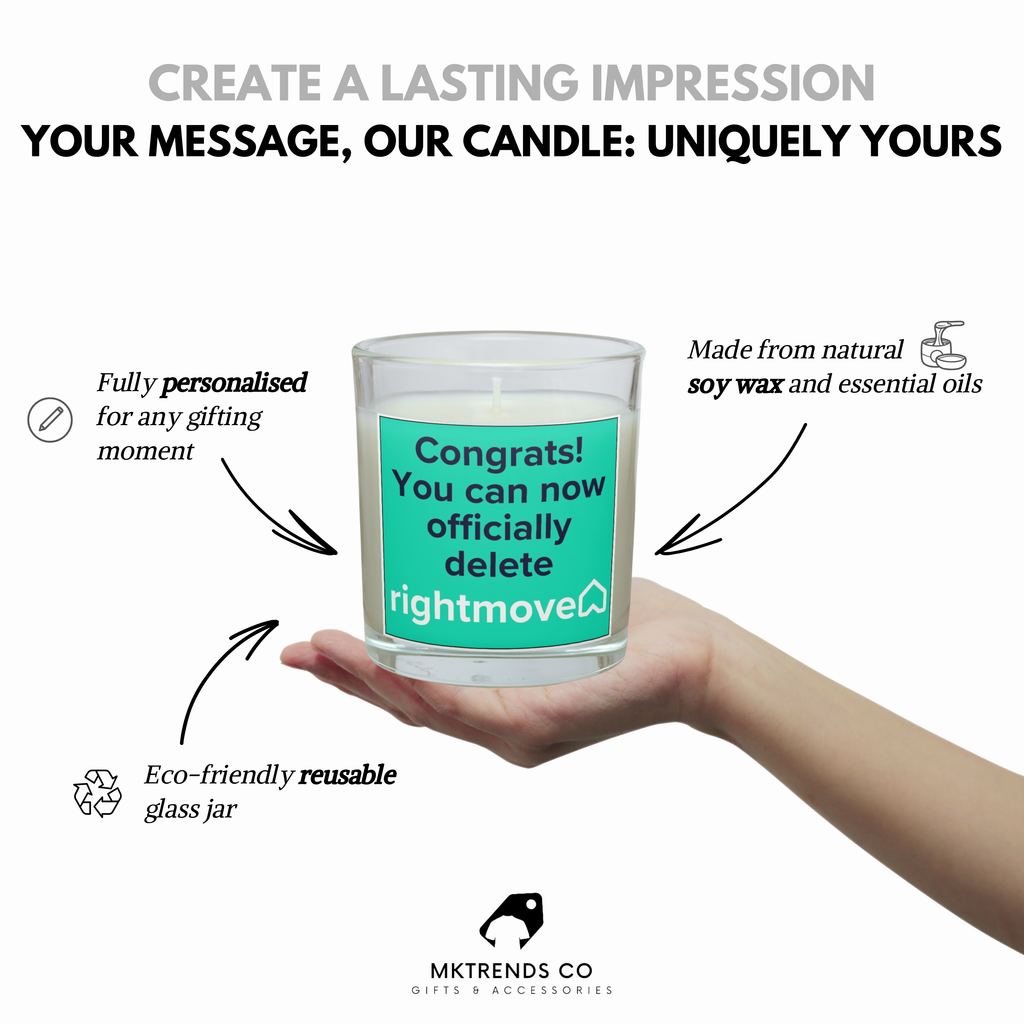 Personalised new home candle product details and reusable glass jar