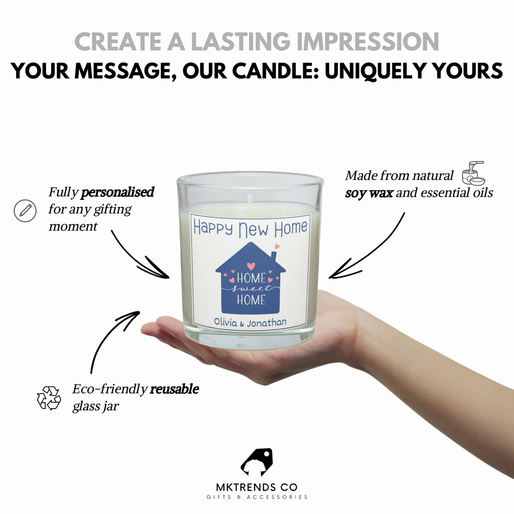 Personalised new home candle product details and reusable glass jar