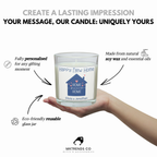 Personalised new home candle product details and reusable glass jar