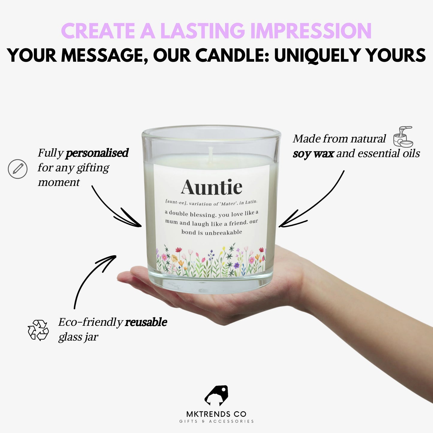 Auntie Flowers Quote Personalised Candle | Auntie Quote Gift MKTrends Co