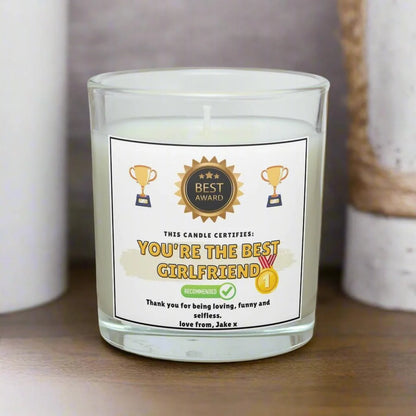 Fun Best Girlfriend Award Certificate Personalised Candle | Novelty Girlfriend Gift MKTrends Co