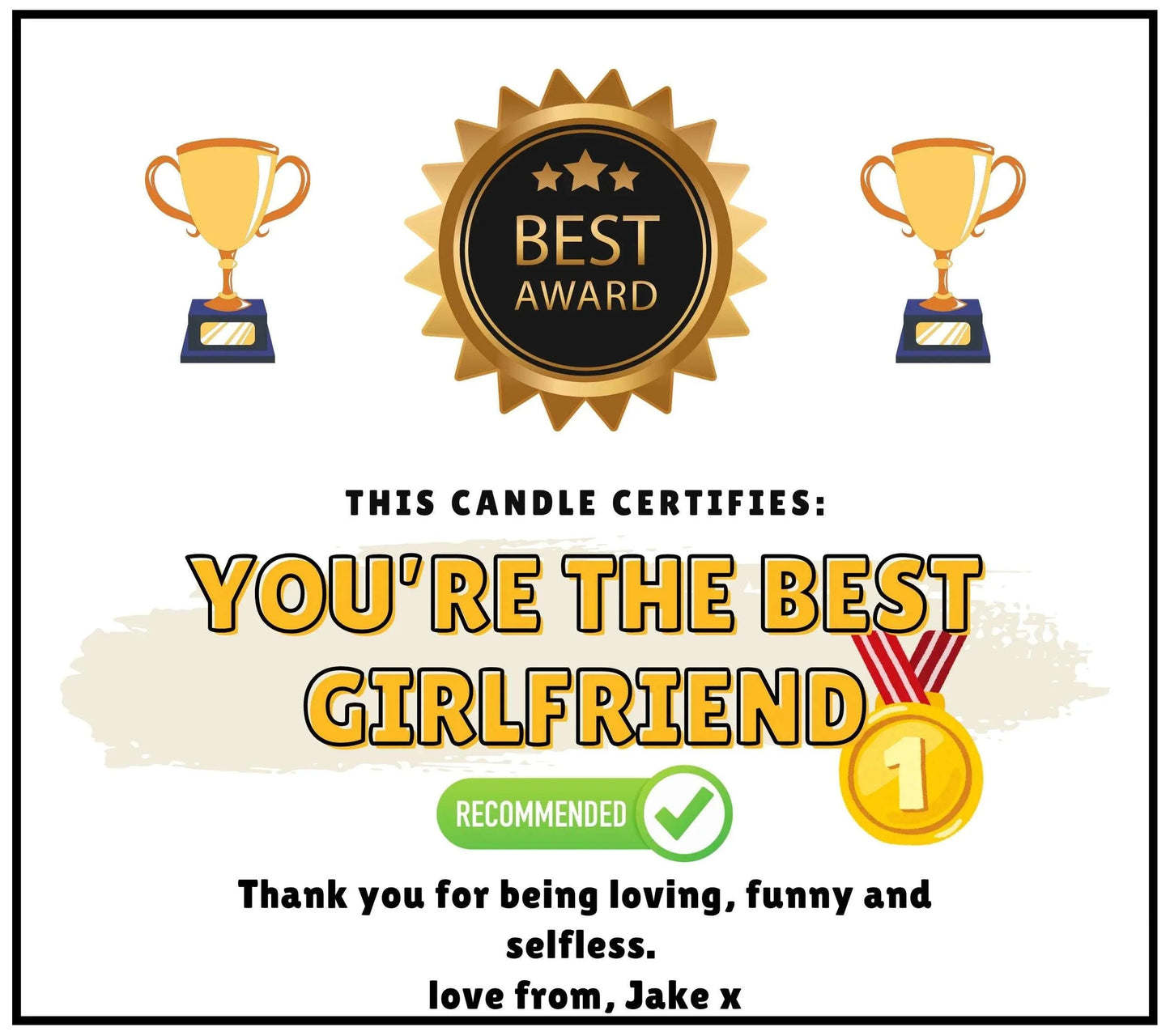 Fun Best Girlfriend Award Certificate Personalised Candle | Novelty Girlfriend Gift MKTrends Co