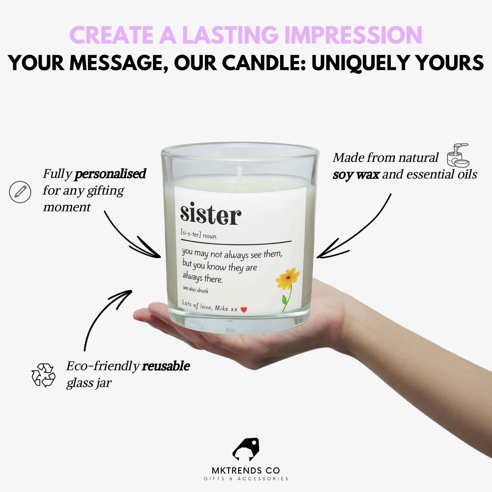 Sister Noun Quote Personalised Candle Gift | Fun Sister Message Gift MKTrends Co