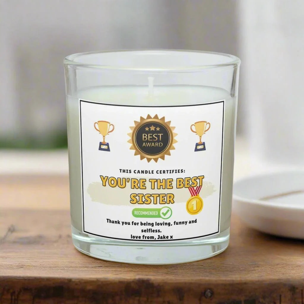 You're the Best Sister Award Certificate Personalised Candle | Funny Sister Gift MKTrends Co