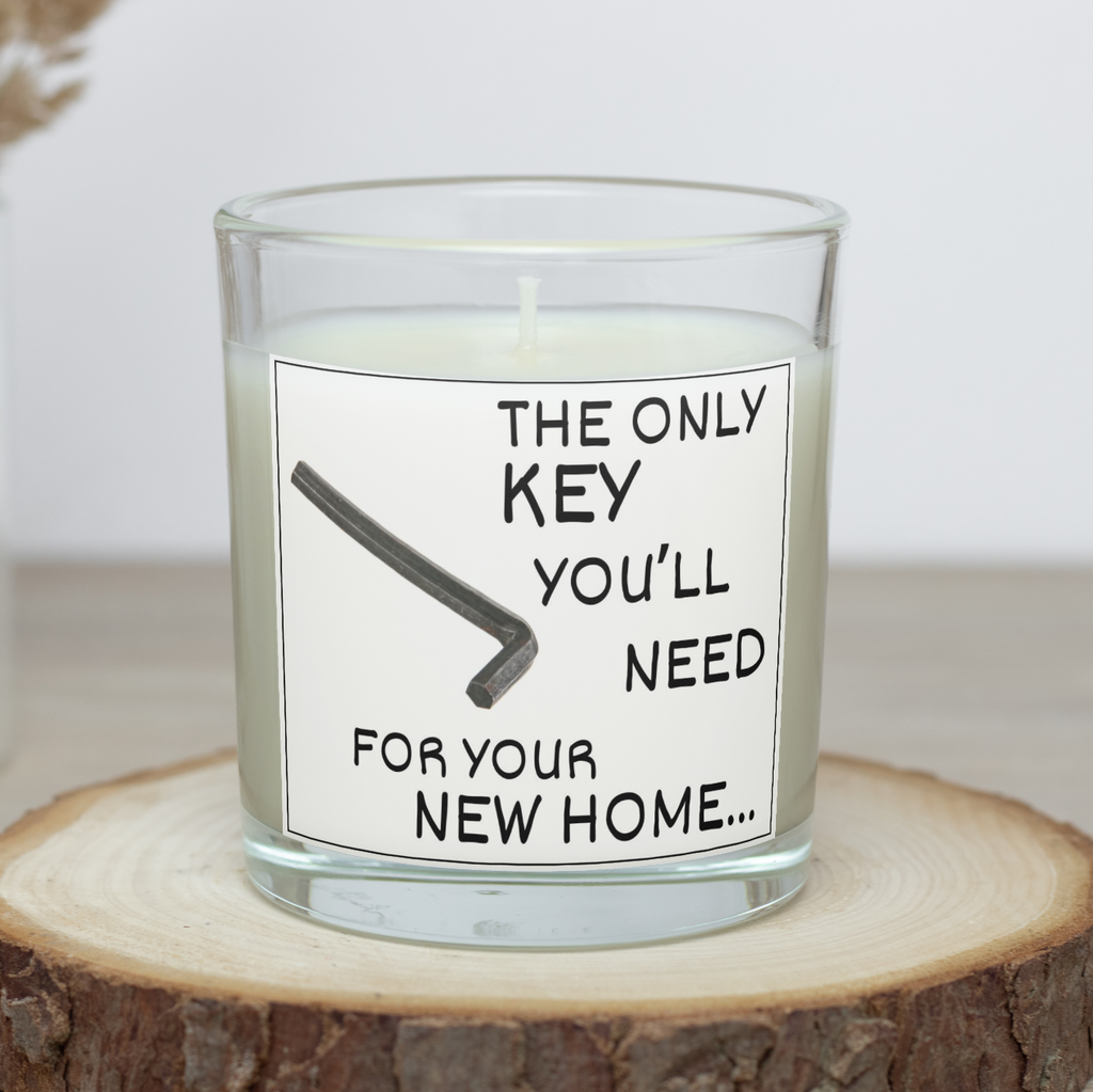 Funny new home candle with Allen key design and The Only Key You'll Need wording