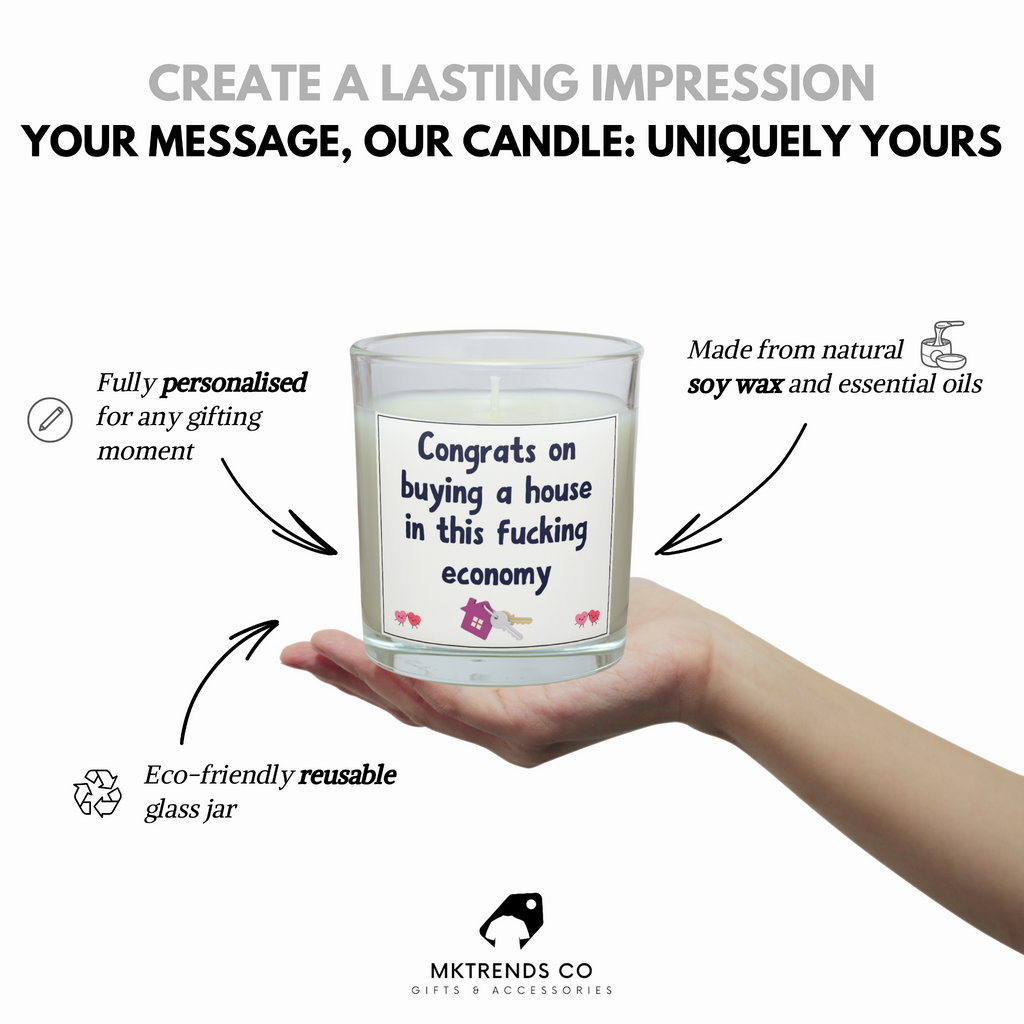 Funny economy new home candle showing reusable glass jar