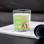 Happy New Home candle with moving boxes design on an open magazine
