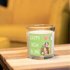 Happy New Home candle with cats dogs and moving boxes in a home setting