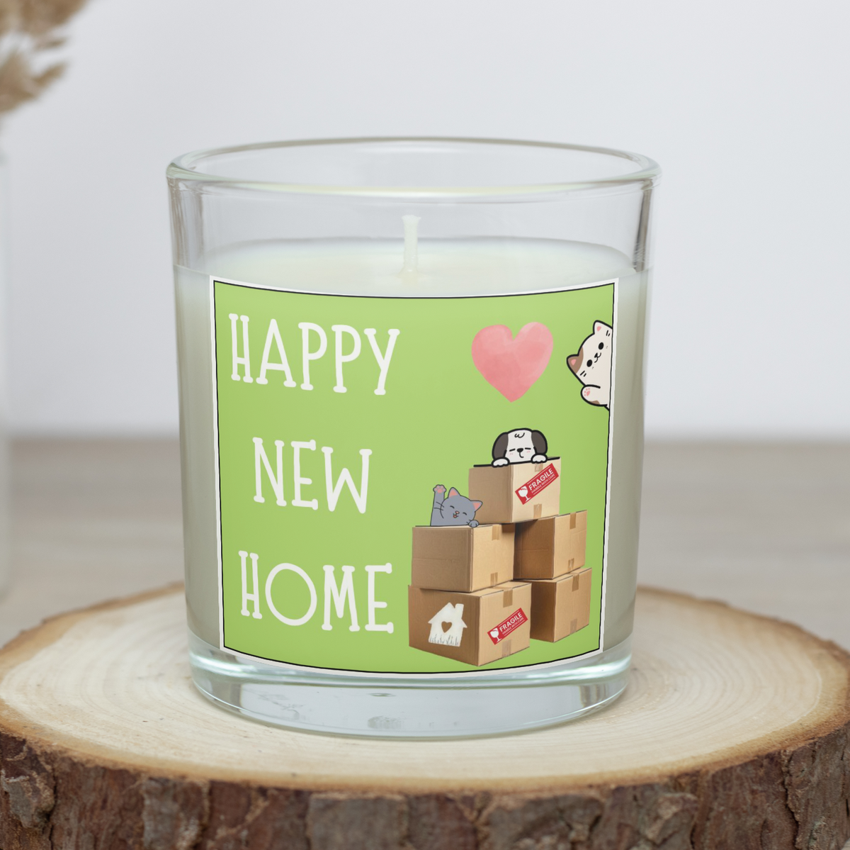 Happy New Home candle with moving boxes and pets design