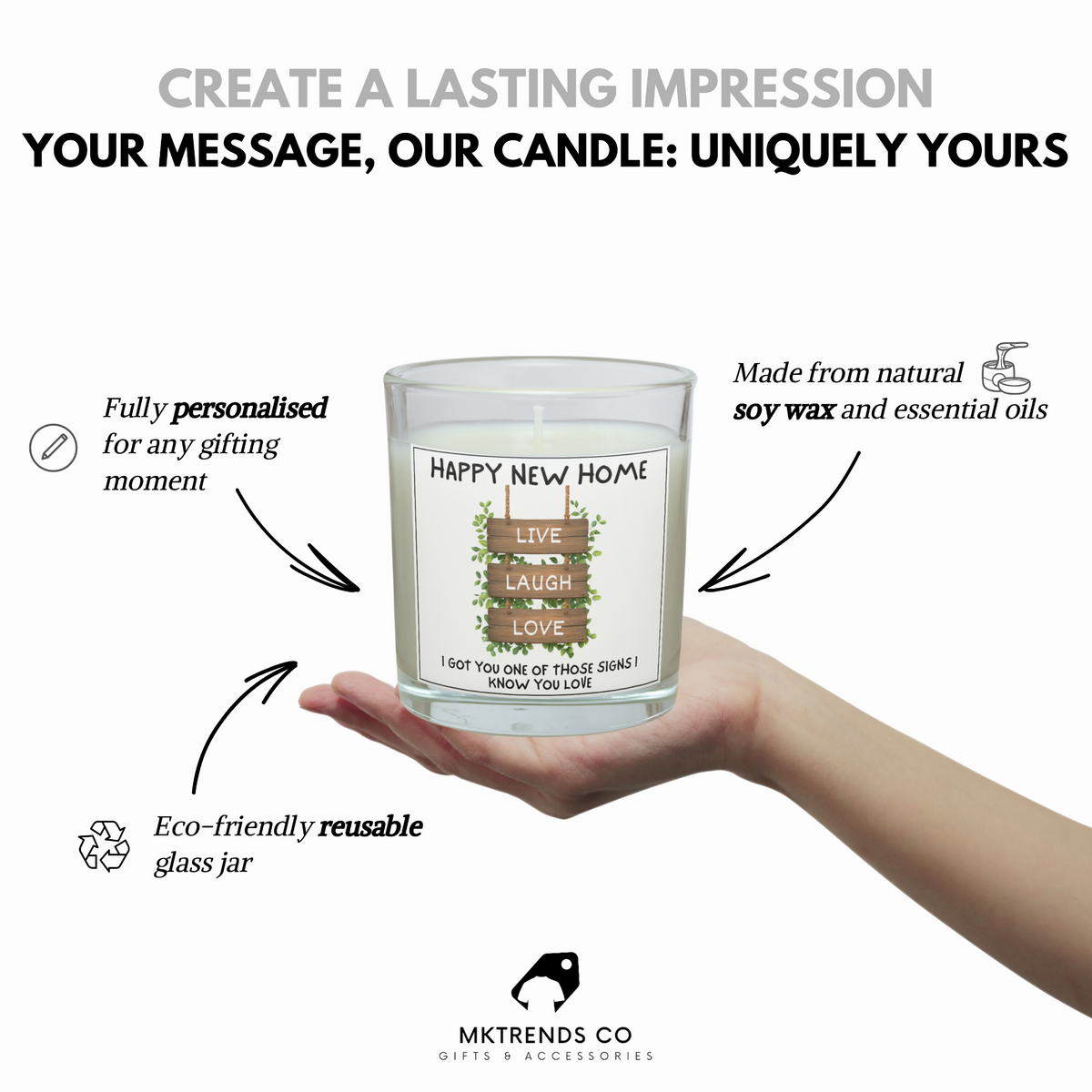 Personalised Happy New Home candle showing customisation and reusable glass jar