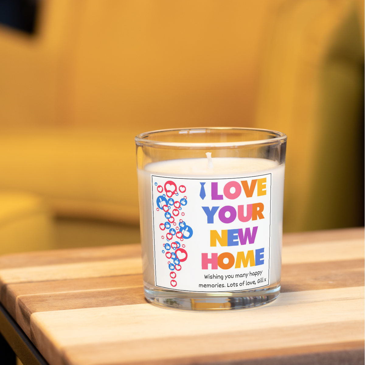 I Love Your New Home candle in a home setting