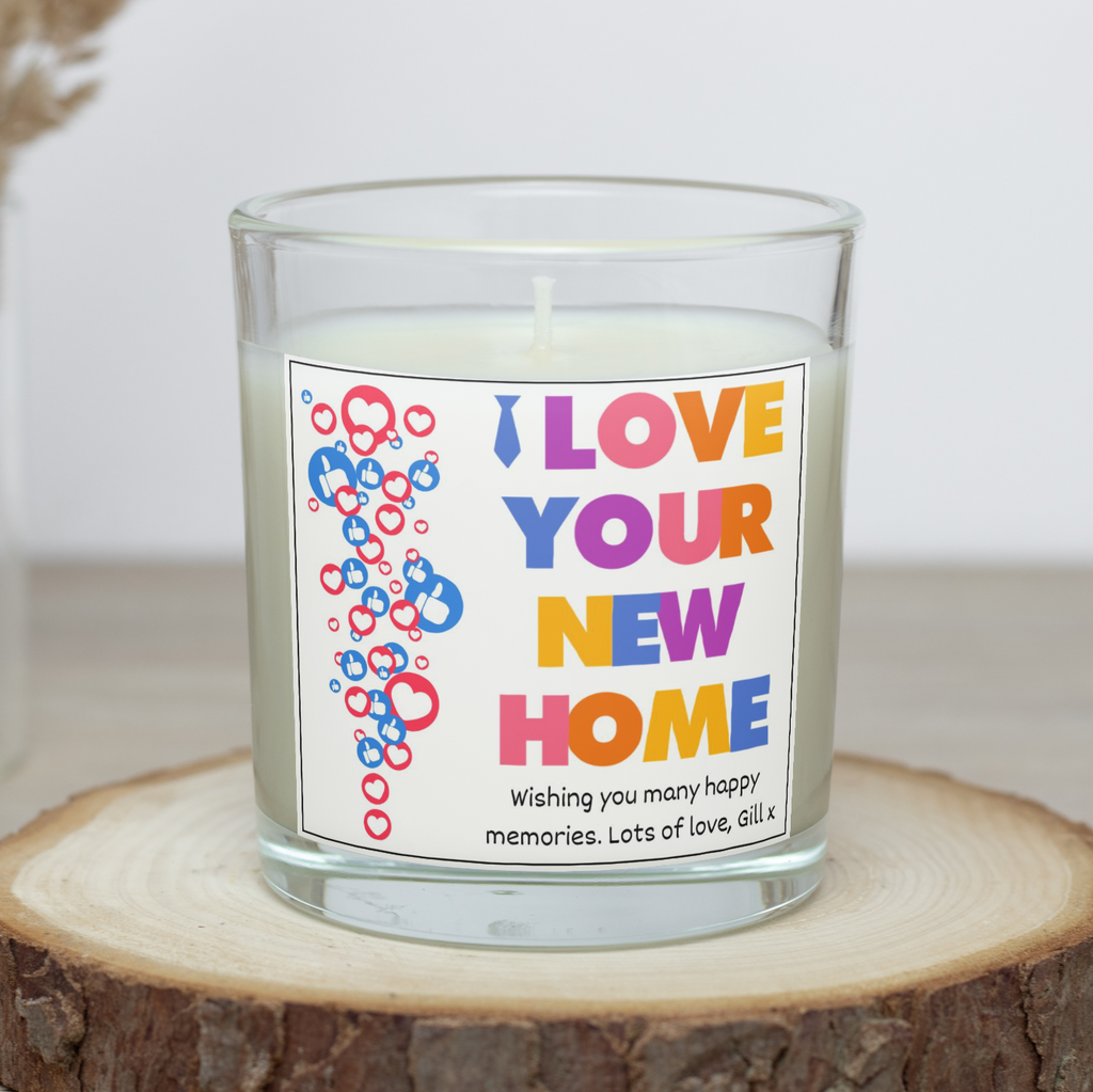 Personalised I Love Your New Home candle with colourful message design