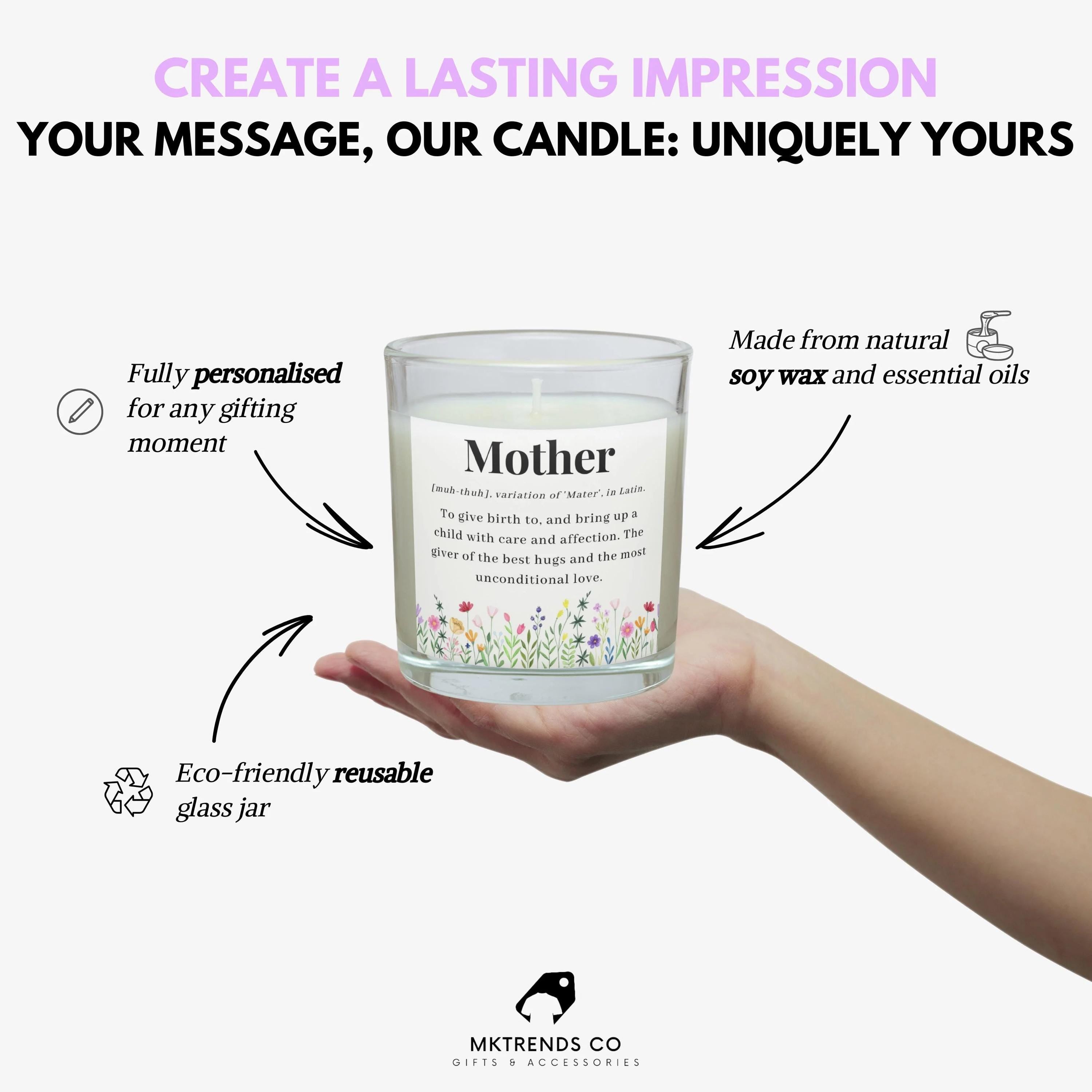 Mother Noun Quote Flowers Personalised Candle | Mum Noun Quote Candle | Gift for Mum | Mum Birthday | Mother's Day Gift | Best Mum Candle Etsy