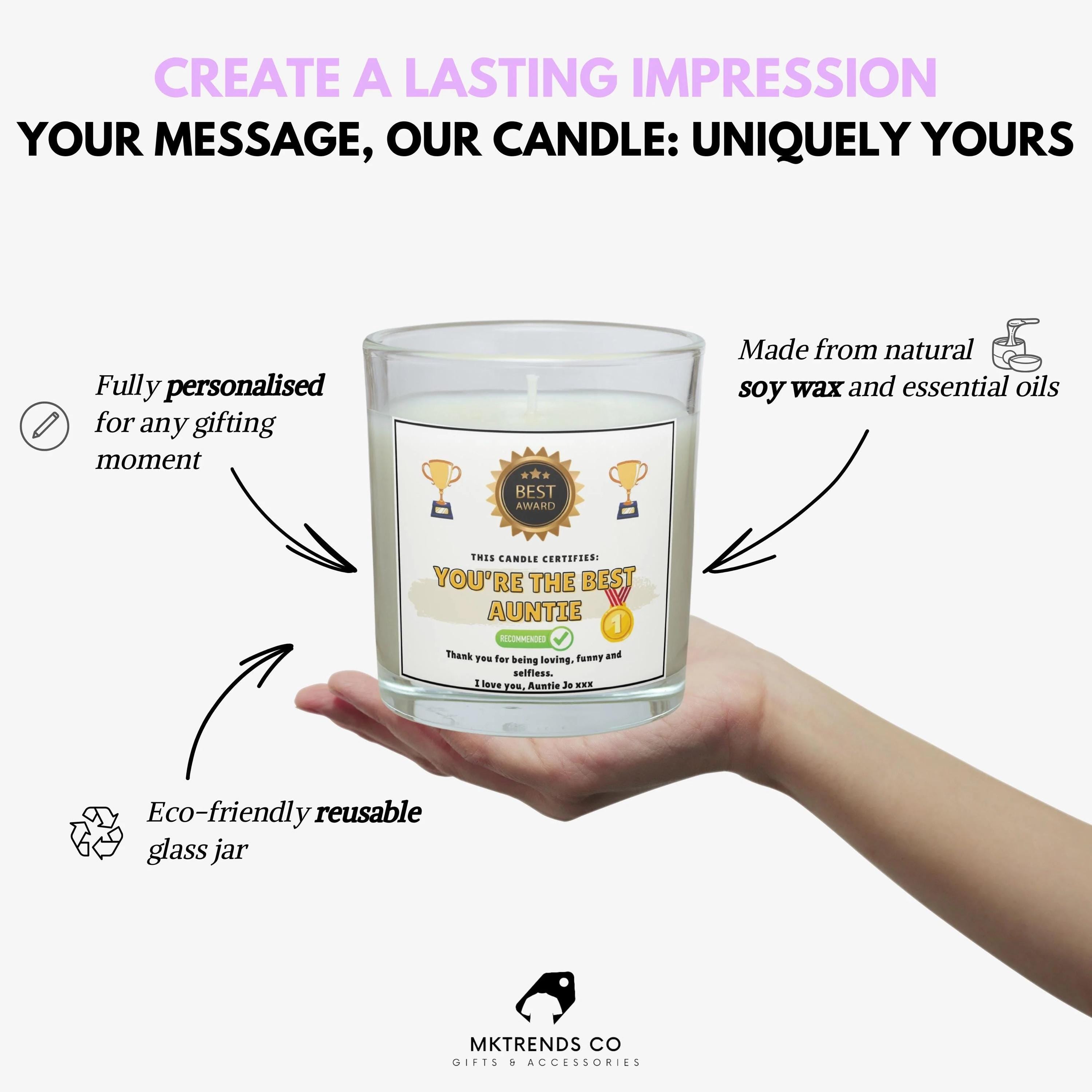 Best Auntie Award Personalised Candle | Funny Award Certificate | Novelty Aunty Candle | Best Auntie Gift | Thoughtful Aunt | Auntie Message Etsy