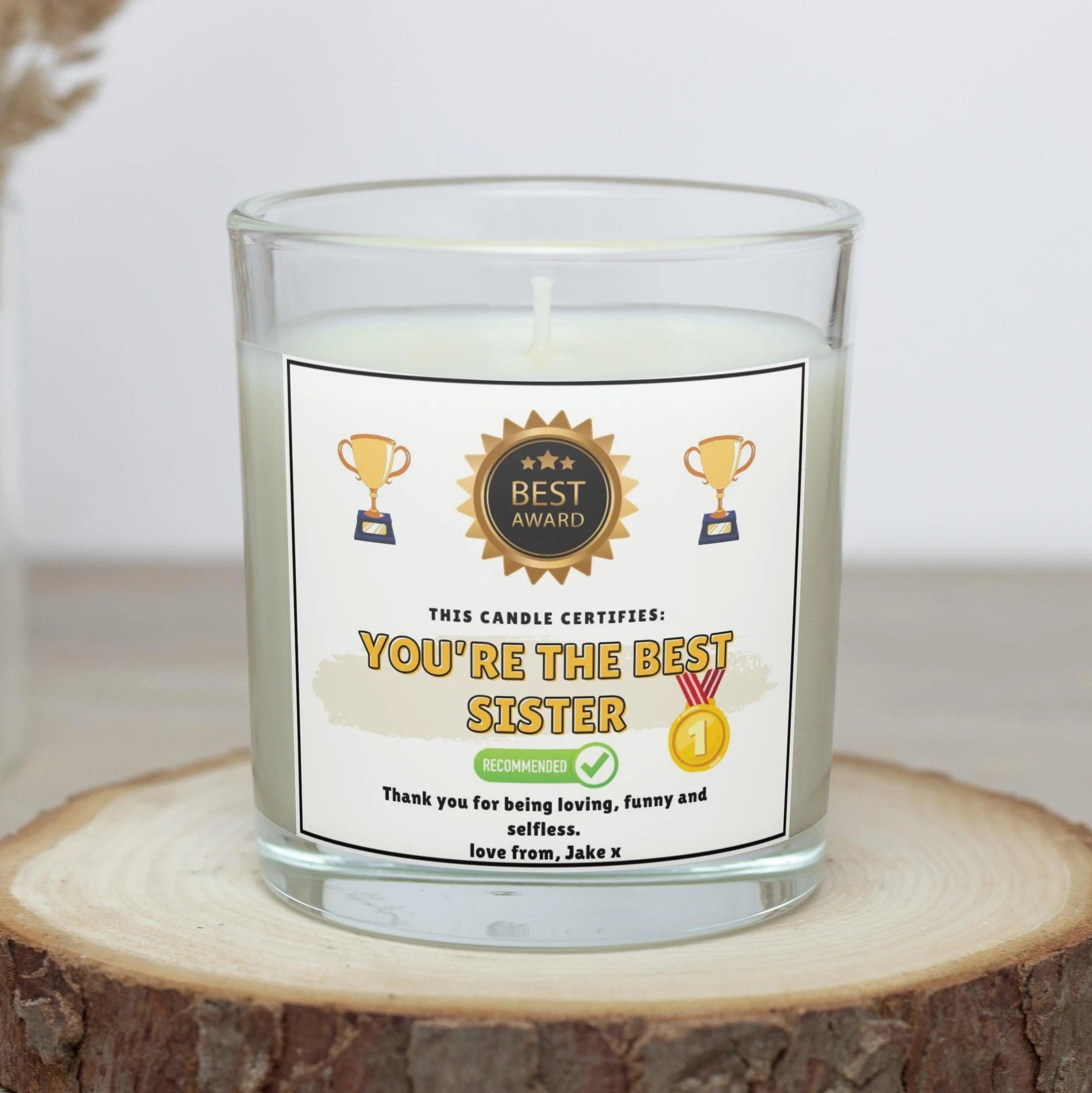 You're the Best Sister Award Certificate Personalised Candle | Funny Sister Gift | Sister Novelty Christmas Gift | Sister Birthday Gift Etsy