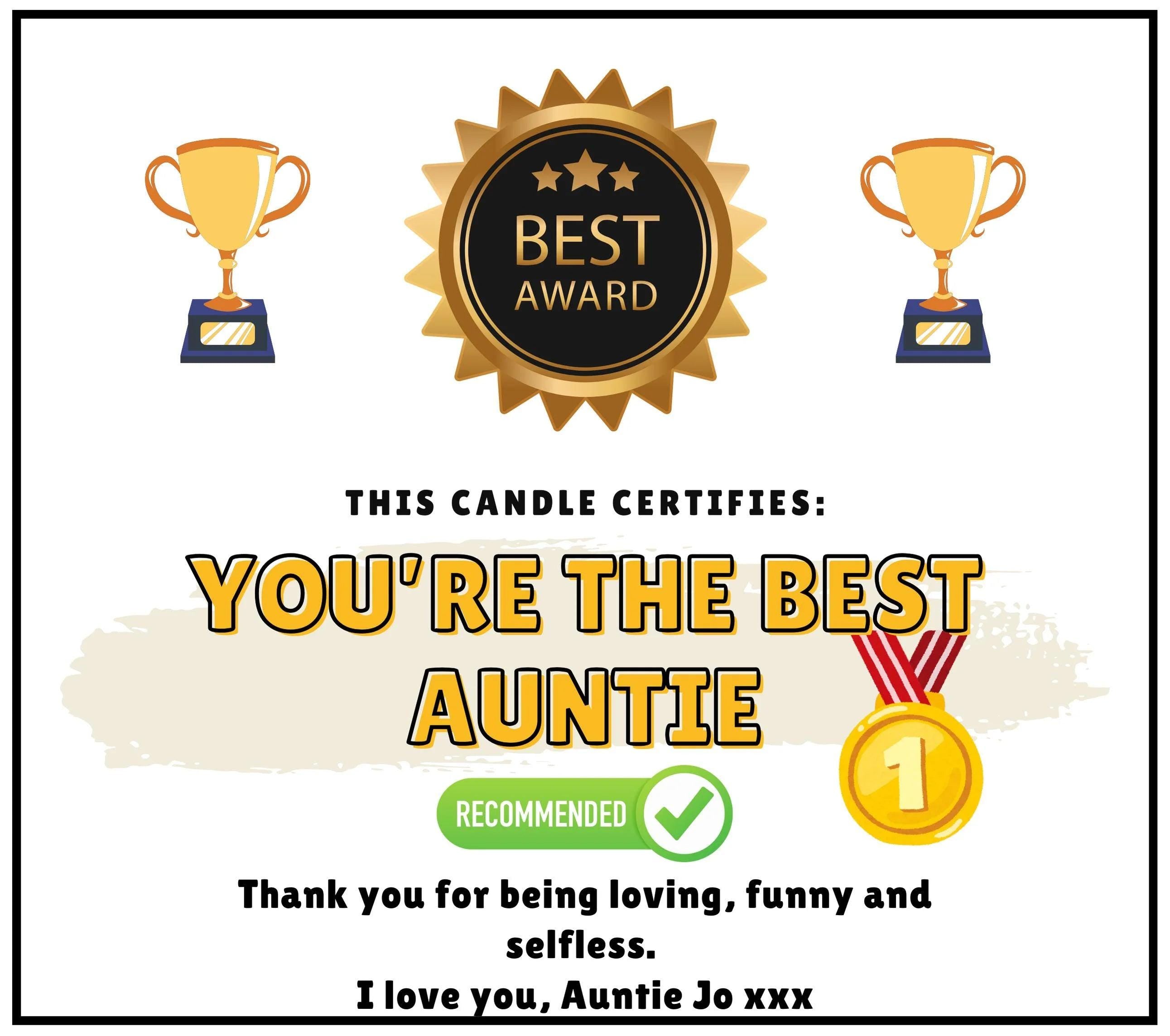 Best Auntie Award Personalised Candle | Funny Award Certificate | Novelty Aunty Candle | Best Auntie Gift | Thoughtful Aunt | Auntie Message Etsy