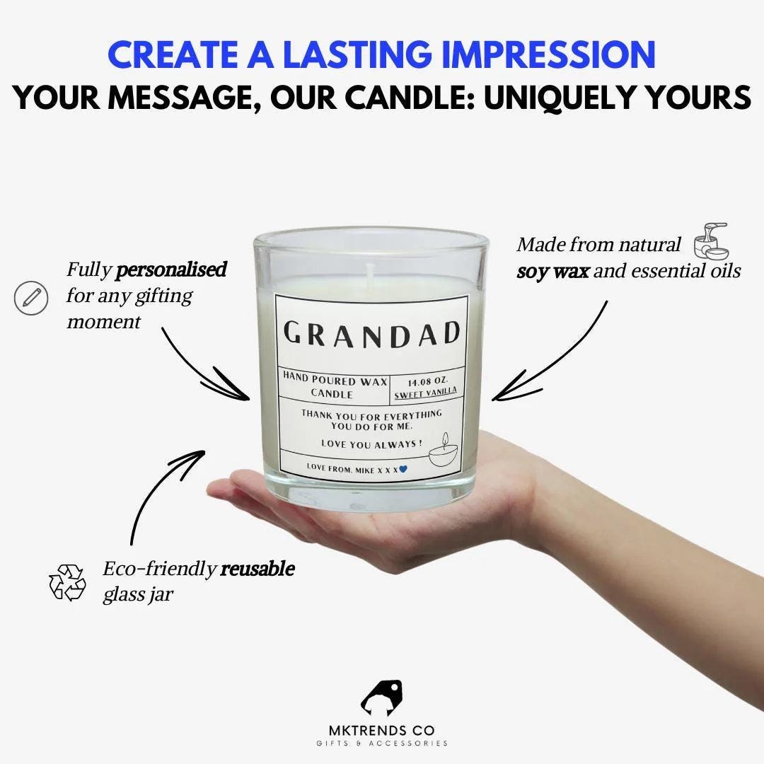 Grandad Message Personalised Candle in Glass Jar | Custom Message Gift | Grandad Birthday Gift | Thank You Grandad Custom Message Candle Etsy