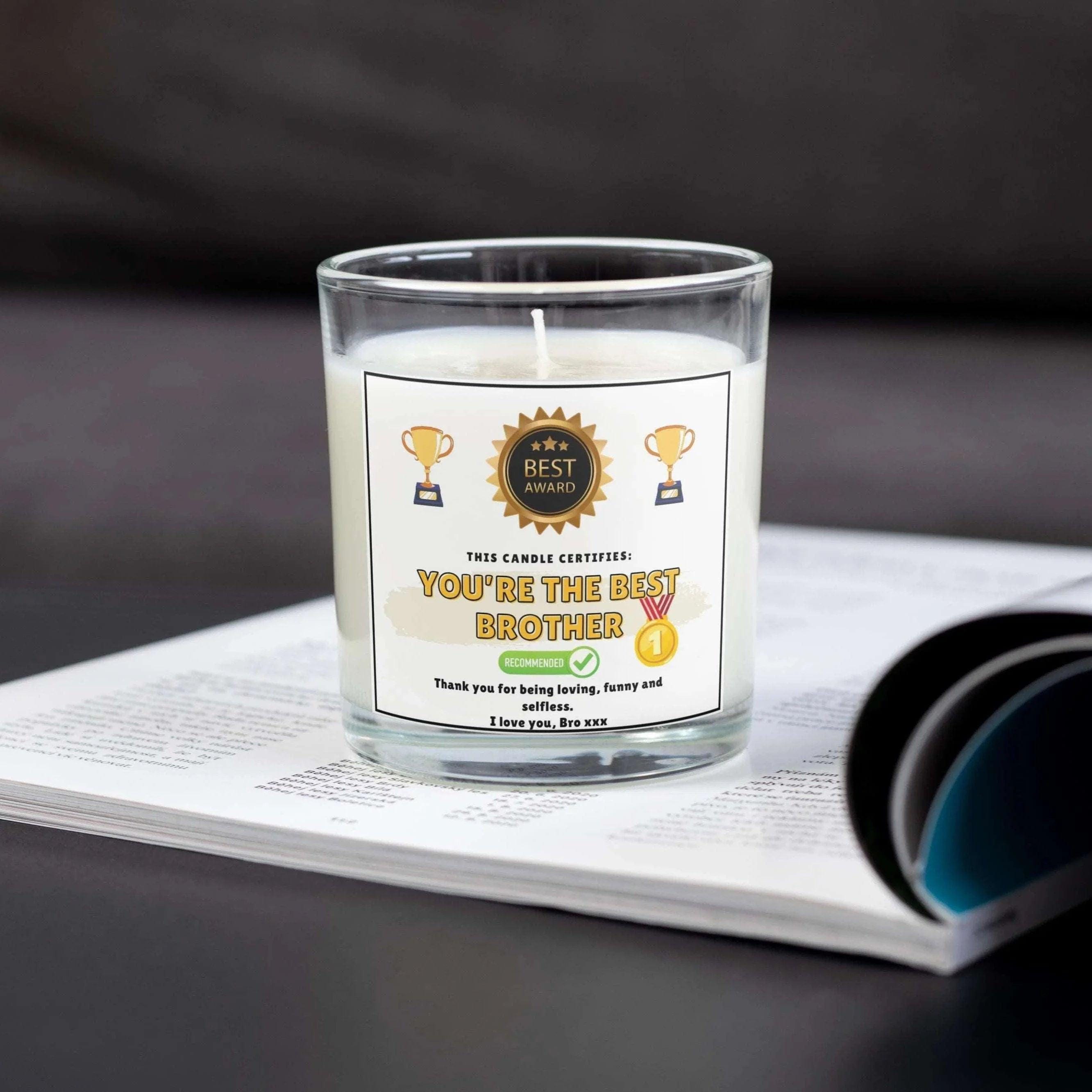 Best Brother Award Certificate Personalised Candle | Funny Best Brother Gift | Best Brother Message Gift | Brother Gift | Brother Joke Award Etsy