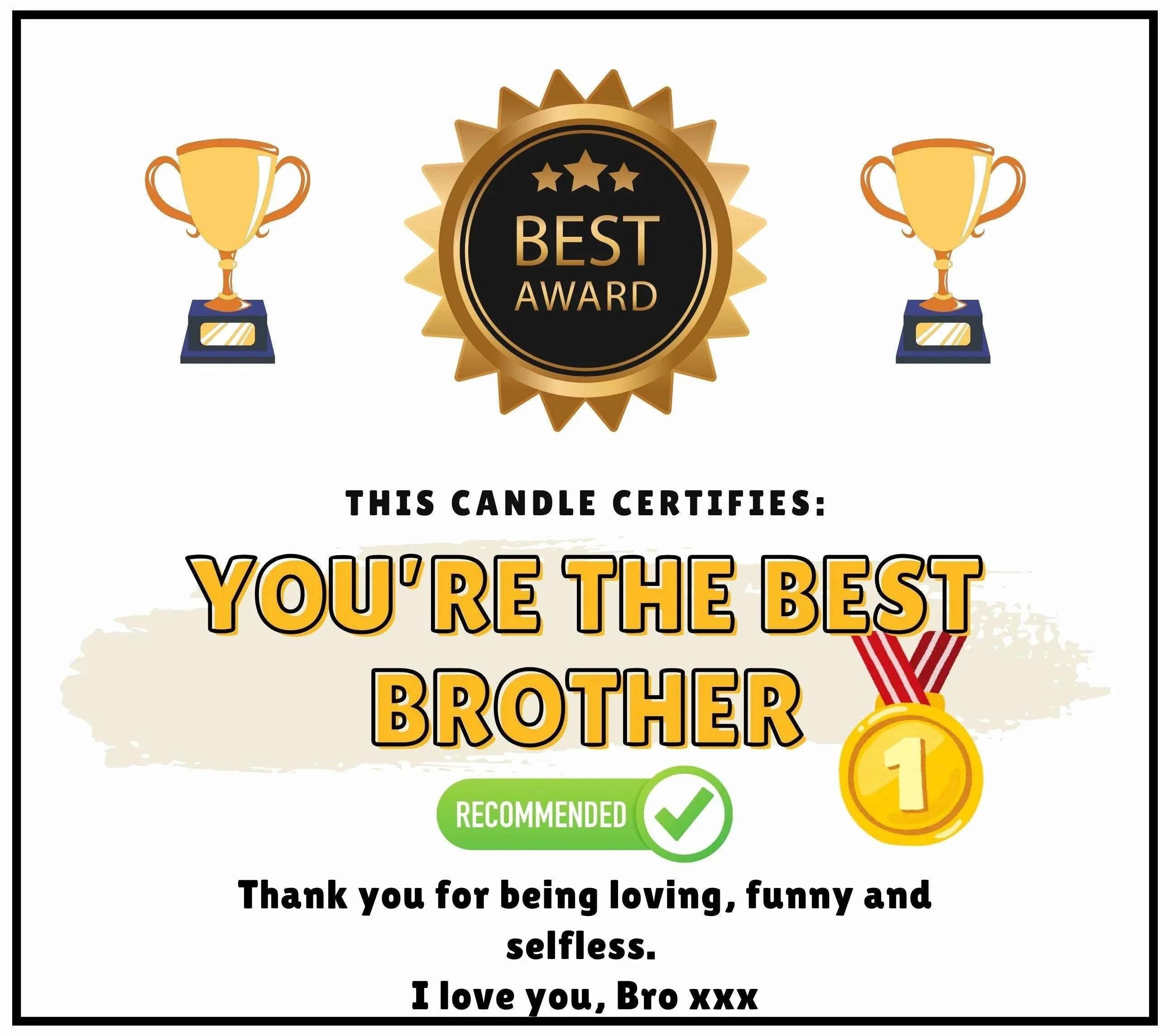 Best Brother Award Certificate Personalised Candle | Funny Best Brother Gift | Best Brother Message Gift | Brother Gift | Brother Joke Award Etsy