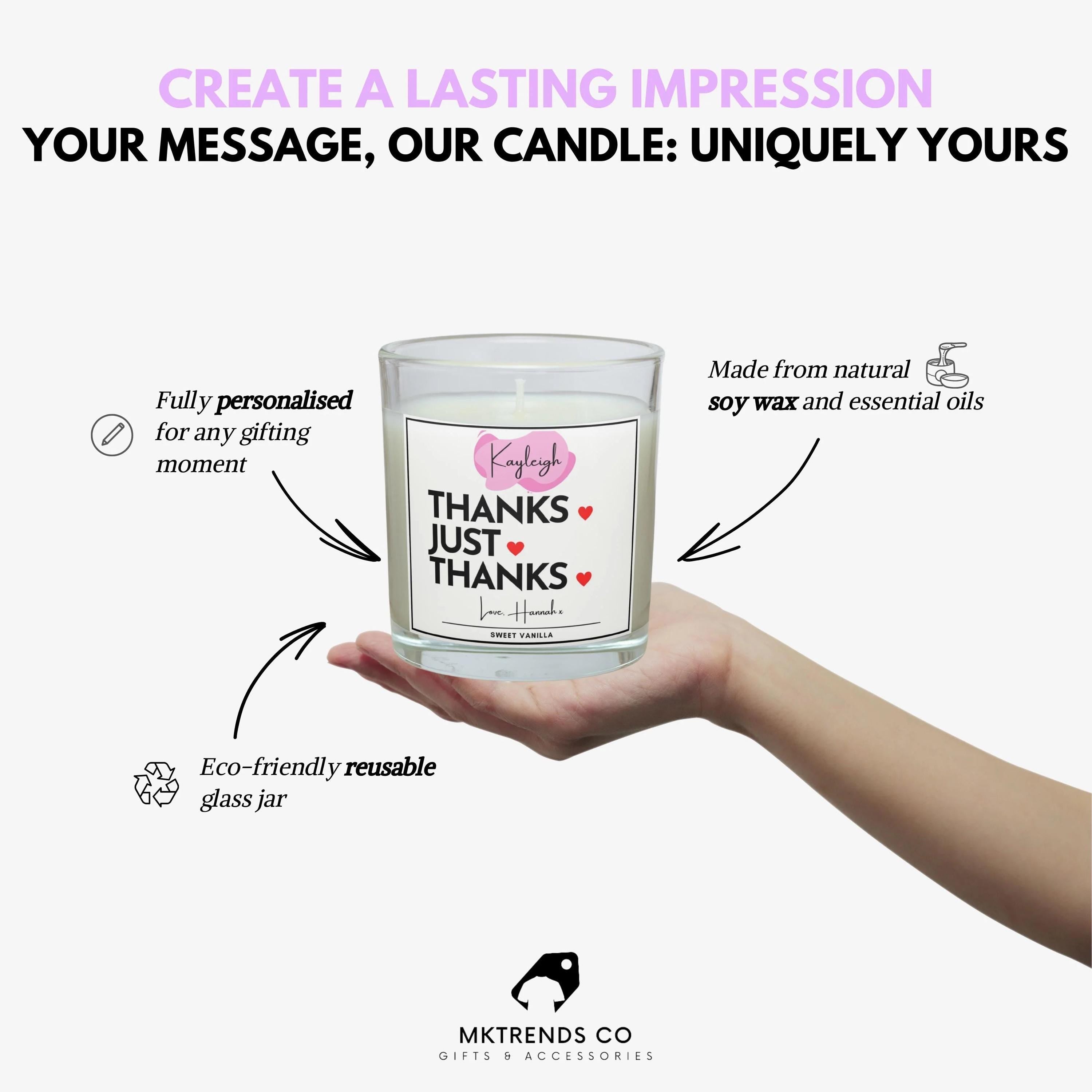 Thanks, Just Thanks Personalised Candle | Thank You Gift | Pink Thank You Gift for Her | Thank You Name Candle Gift | Thank You Message Gift Etsy