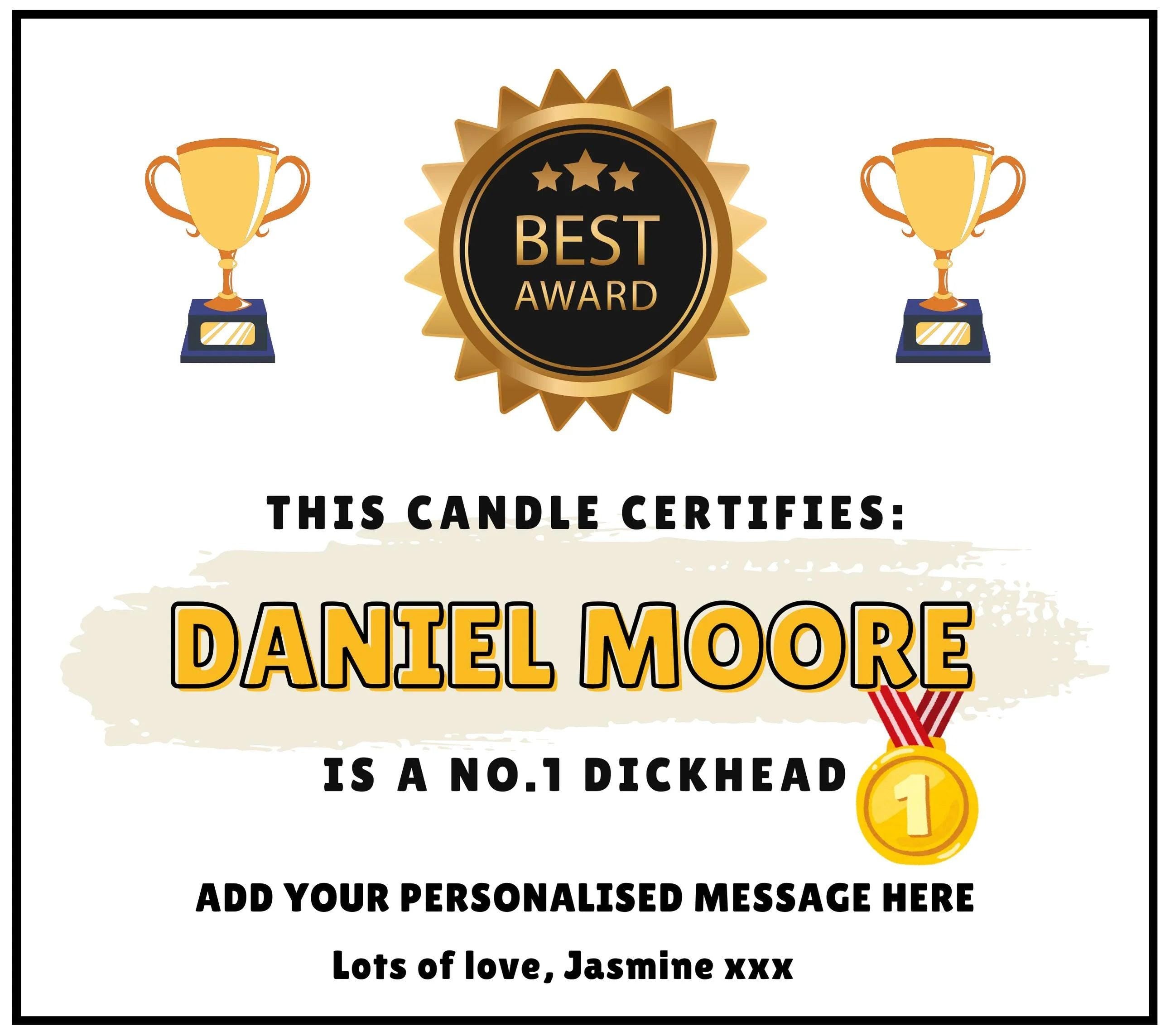 Dickhead Award Certificate Personalised Candle | Funny Dickhead Joke Gift | Funny Award Message Gift | Christmas | You're a Dickhead Gifts Etsy