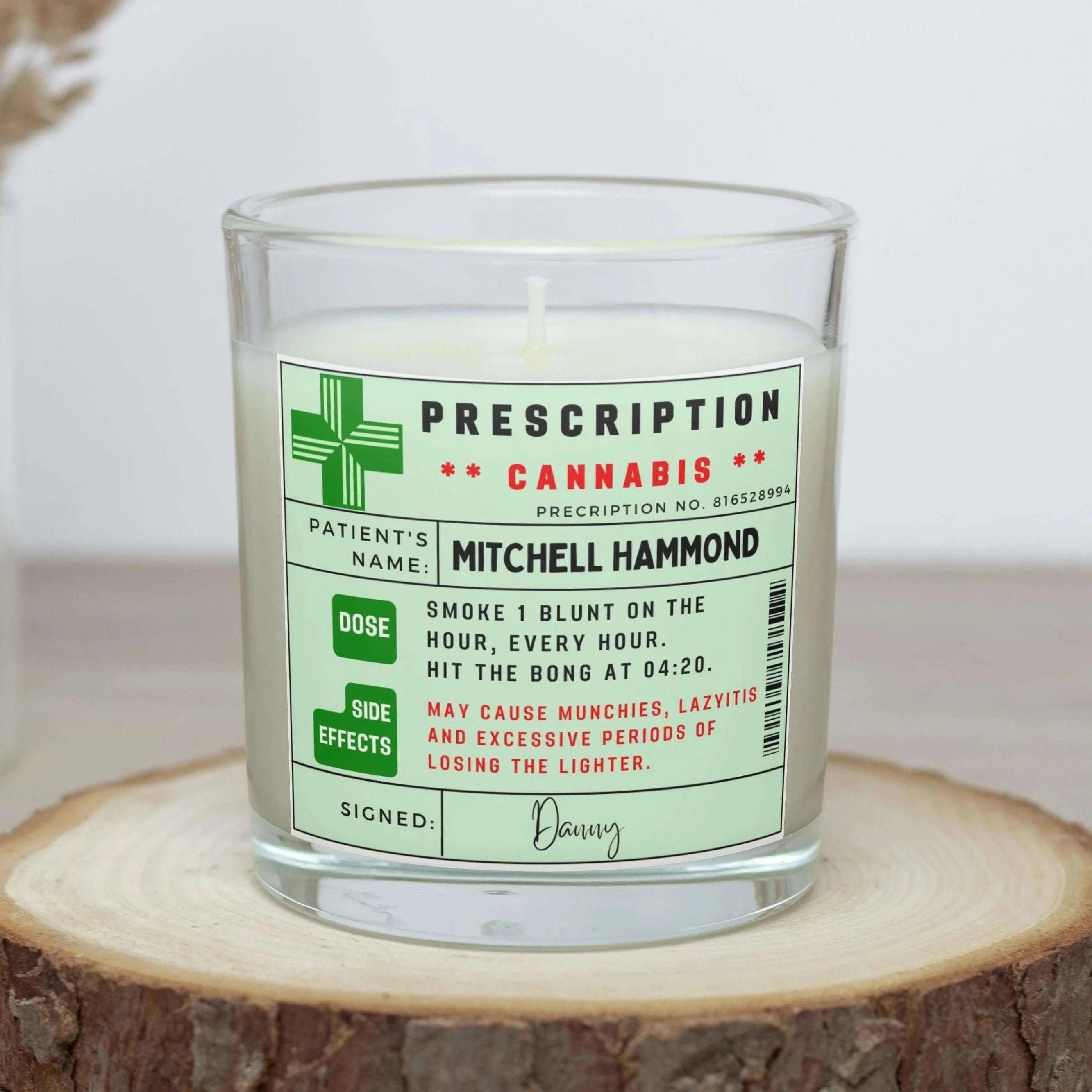 Cannabis Prescription Personalised Candle | Weed Smoker gift | Funny Cannabis Gift | Novelty Weed Candle | Funny Joke Gifts | Stoner Gifts Etsy