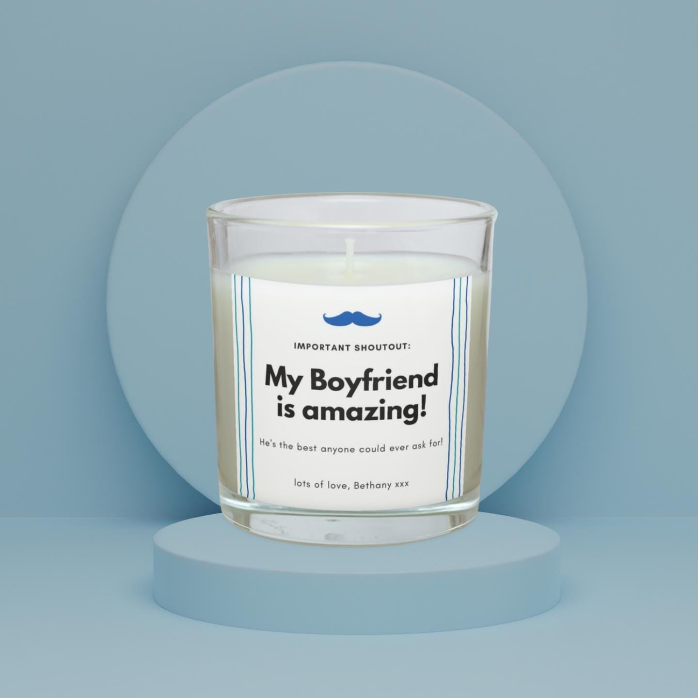 My Boyfriend is Amazing Personalised Candle Gift | Boyfriend Shoutout | Best Boyfriend Message Candle | Gift for Husband | Cute Candle Gift Etsy